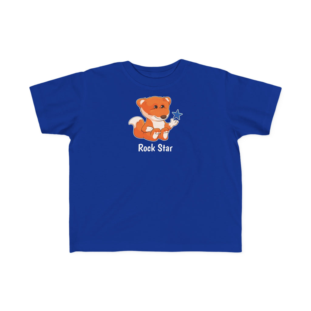 A short-sleeve royal blue shirt with a picture of a fox that says Rock Star.