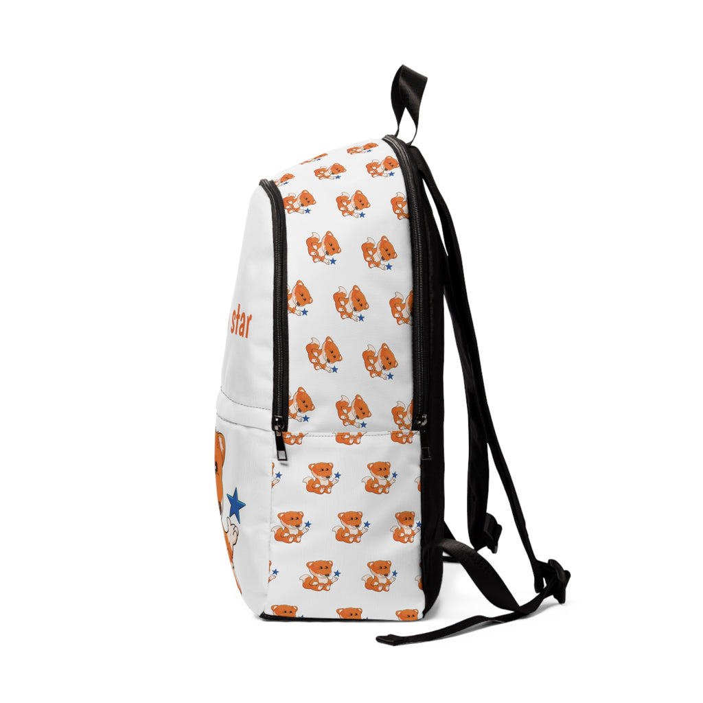 Side-view of a white backpack with a repeating pattern of a fox on the sides. The bottom half of the front features a large fox and the top half says "I am a star".