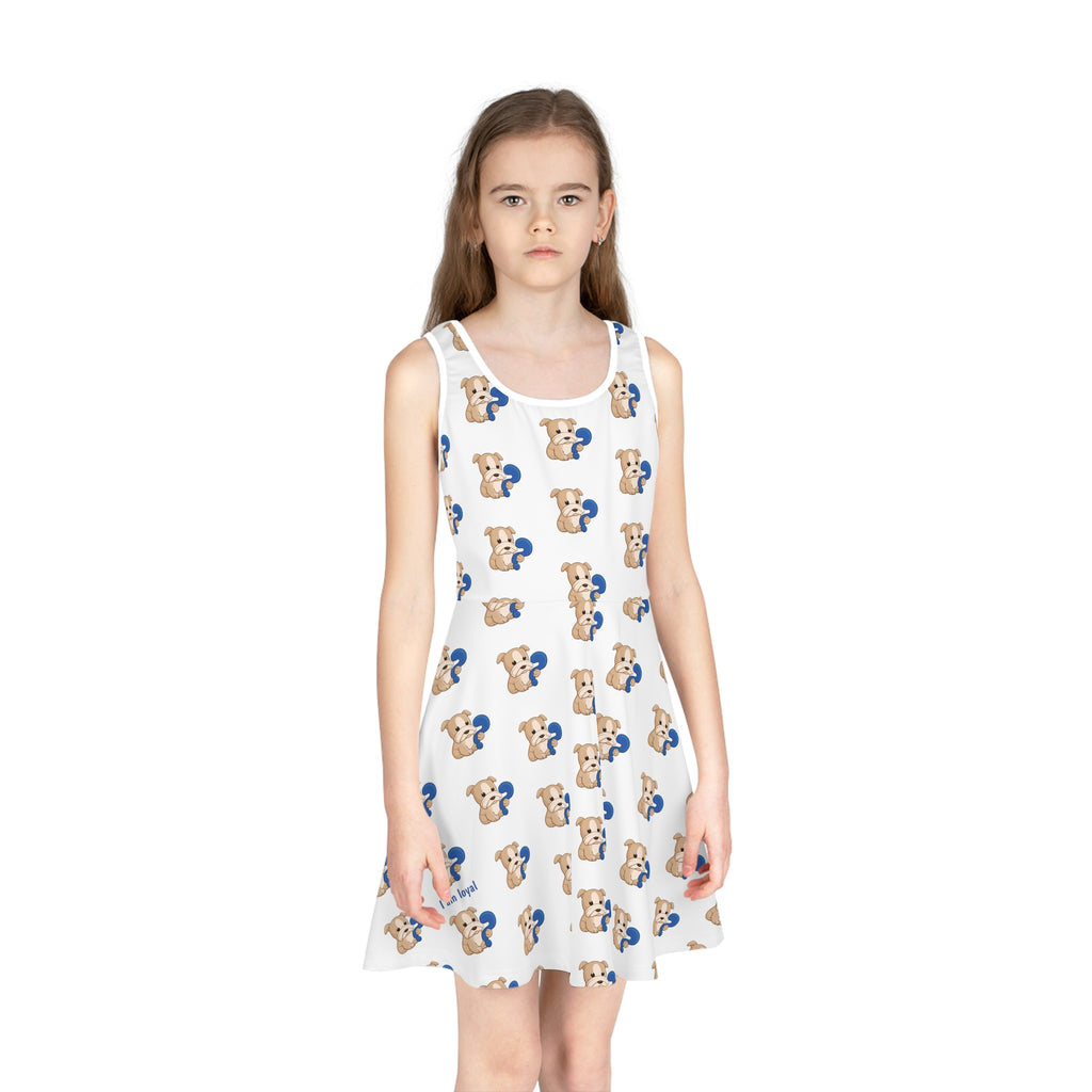 Front-view of a girl wearing a sleeveless white dress with a repeating pattern of a dog.