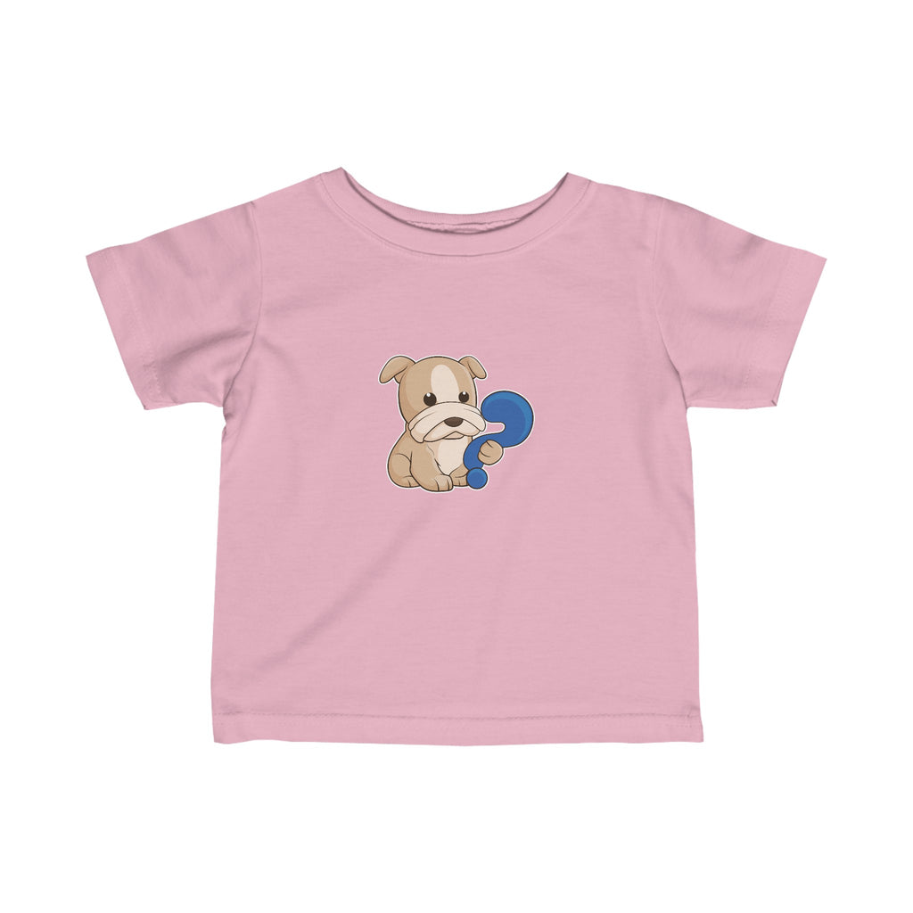 A short-sleeve light pink shirt with a picture of a dog.