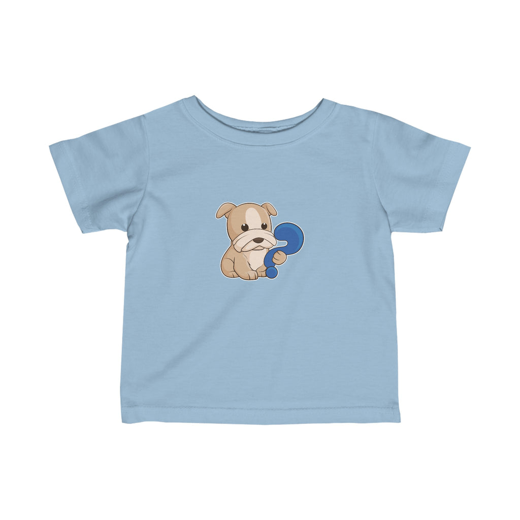 A short-sleeve light blue shirt with a picture of a dog.