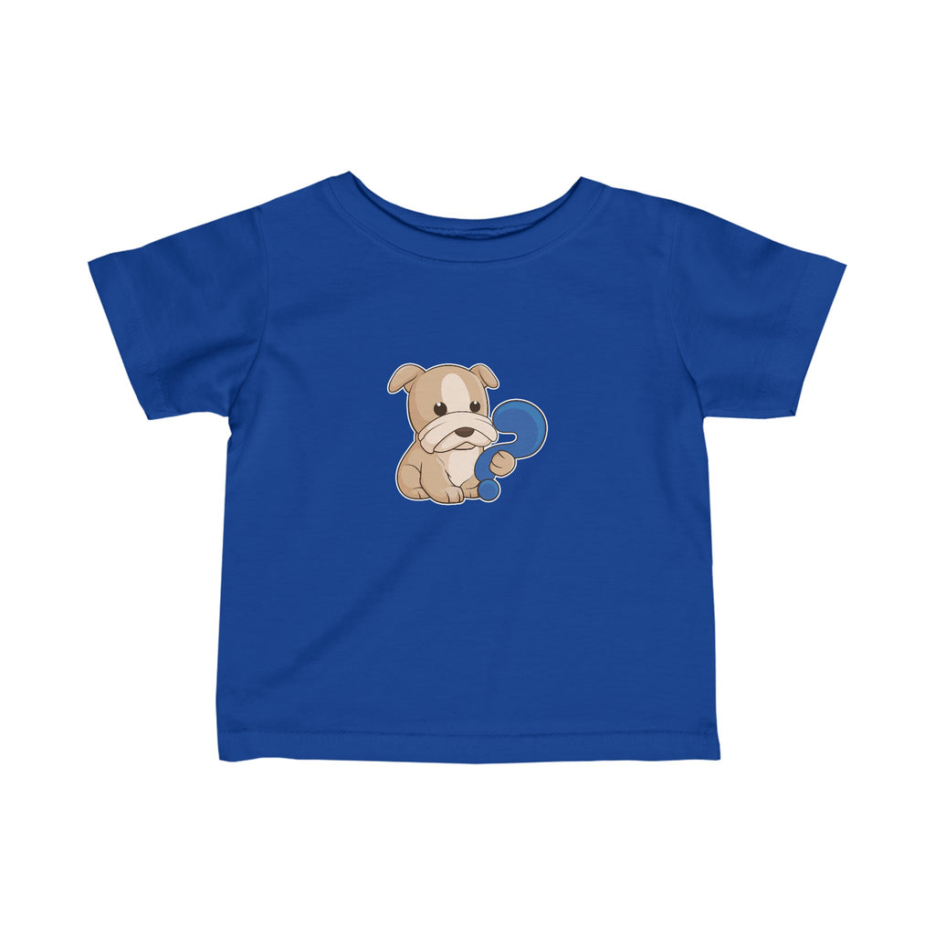 A short-sleeve royal blue shirt with a picture of a dog.