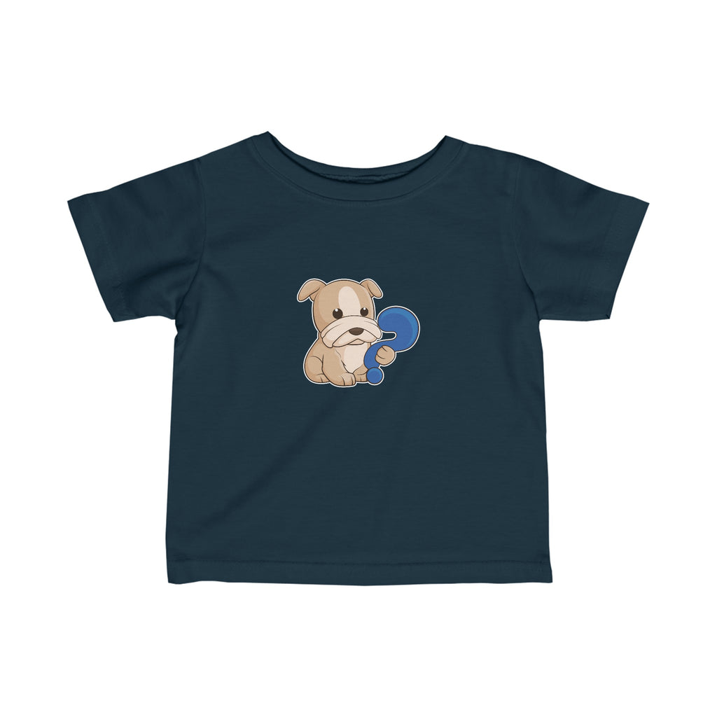 A short-sleeve navy blue shirt with a picture of a dog.