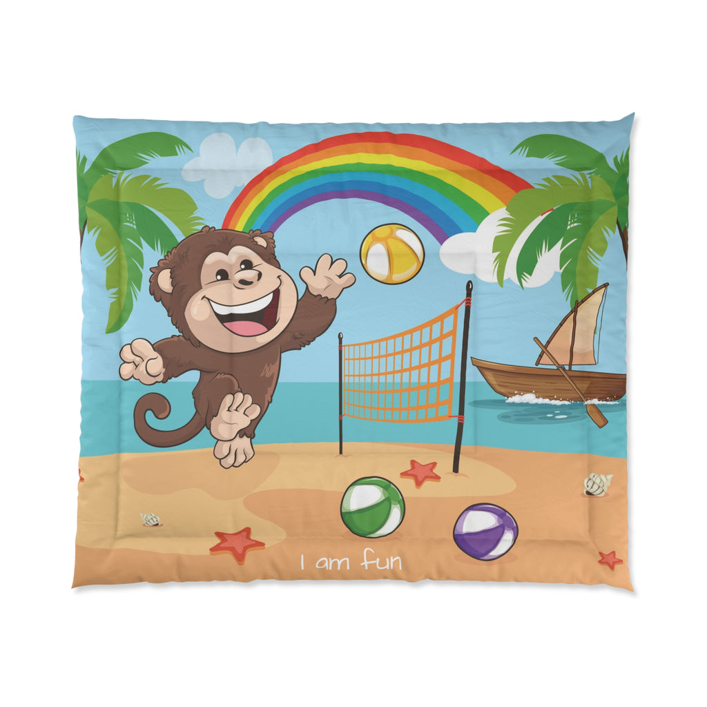 A 104 by 88 inch bed comforter with a scene of a monkey playing volleyball on a beach, a rainbow in the background, and the phrase "I am fun" along the bottom.
