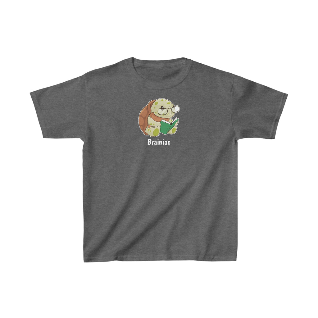 A short-sleeve dark grey shirt with a picture of a turtle that says Brainiac.