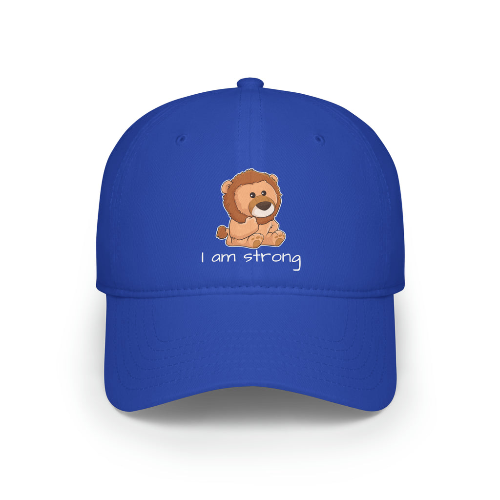 Front-view of a royal blue baseball hat with a picture of a lion that says I am strong.