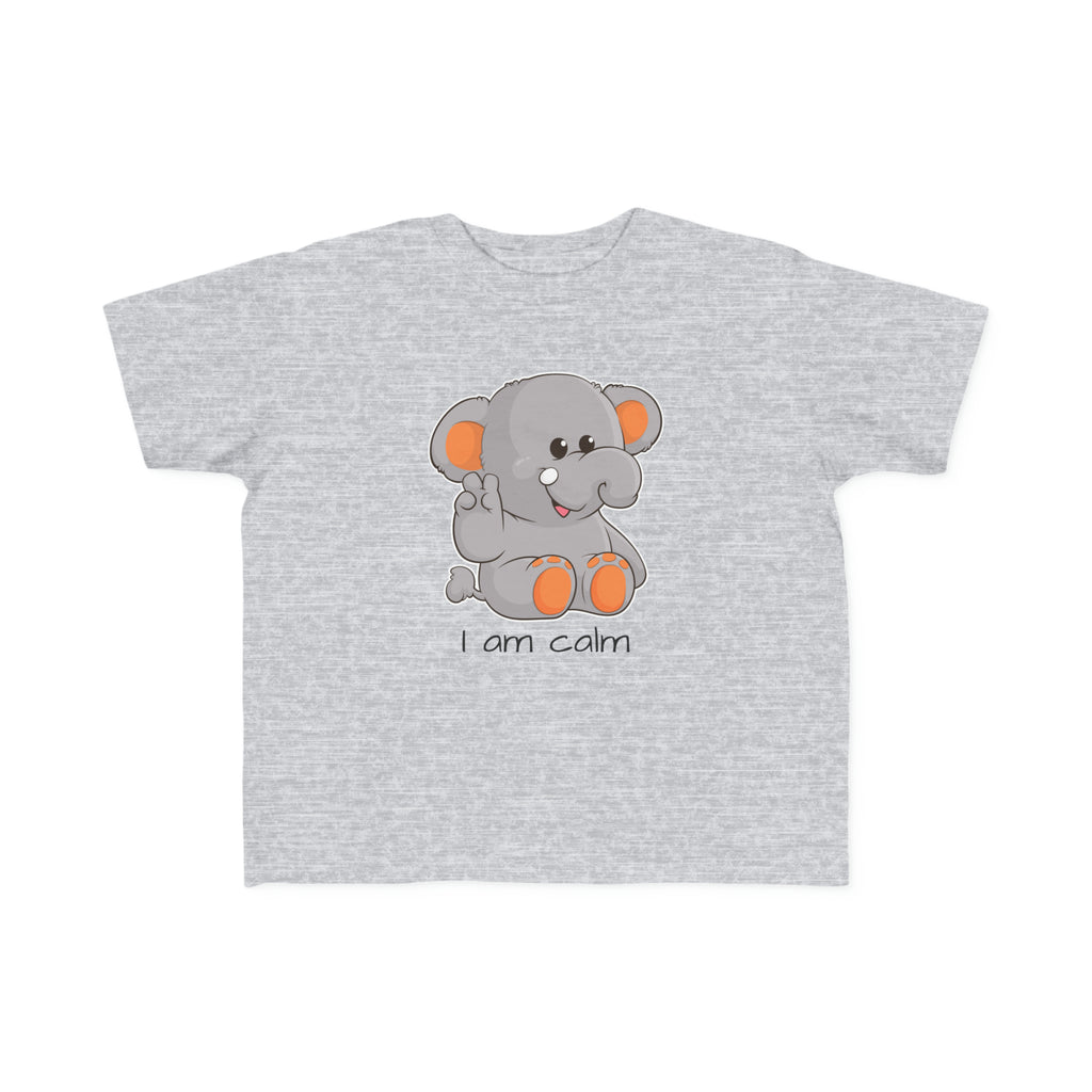 A short-sleeve heather grey shirt with a picture of an elephant that says I am calm.