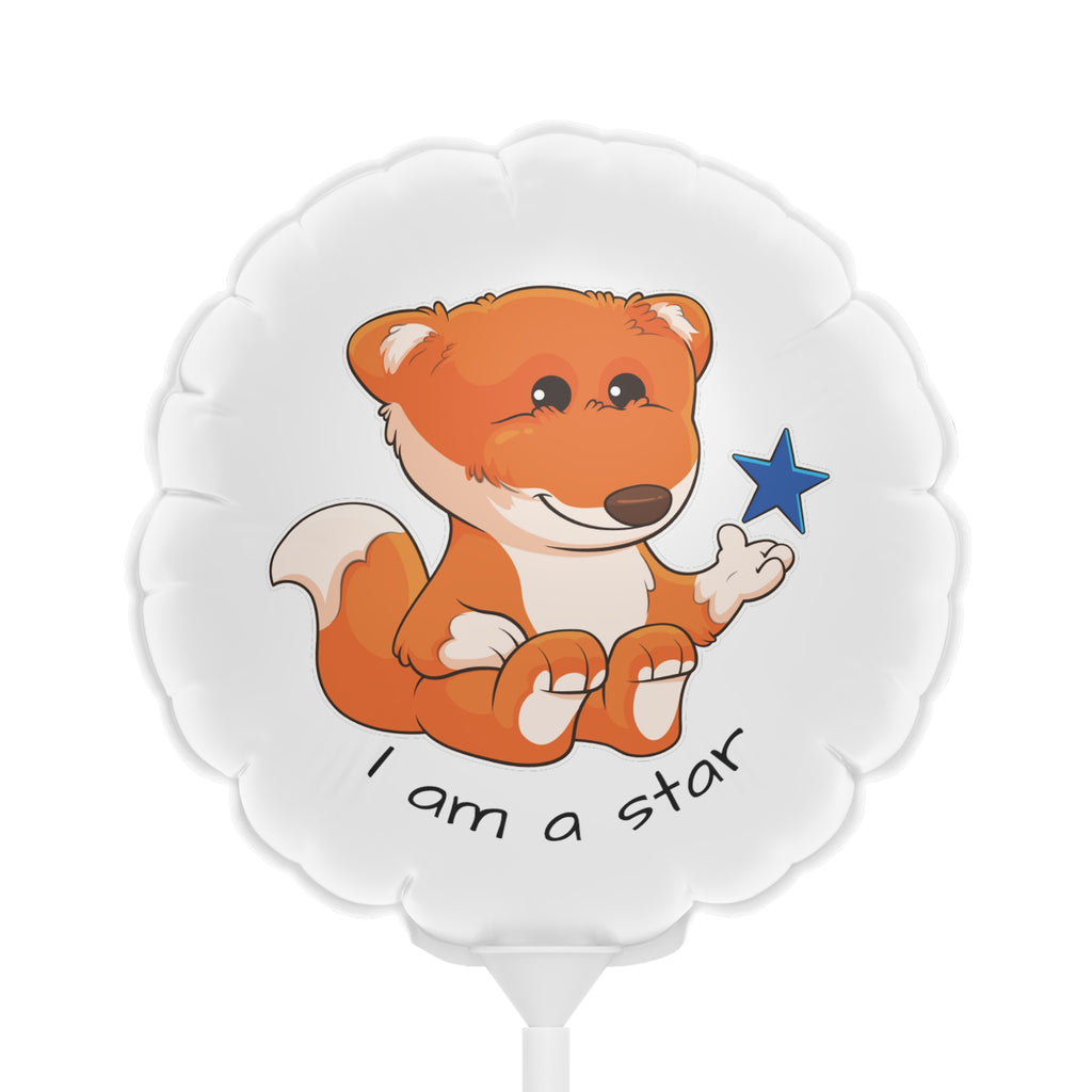 A round white mylar balloon on a stick with a picture of a fox that says I am a star.