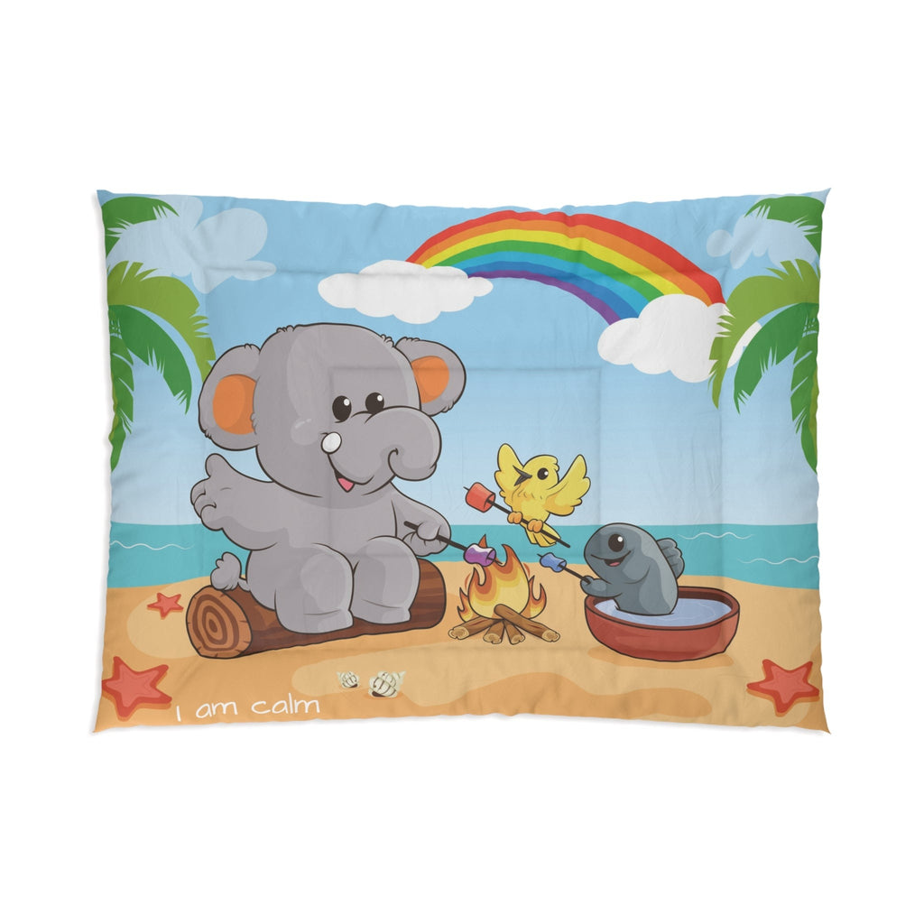 A 68 by 92 inch bed comforter with a scene of an elephant having a bonfire with a bird and fish on the beach, a rainbow in the background, and the phrase "I am calm" along the bottom.