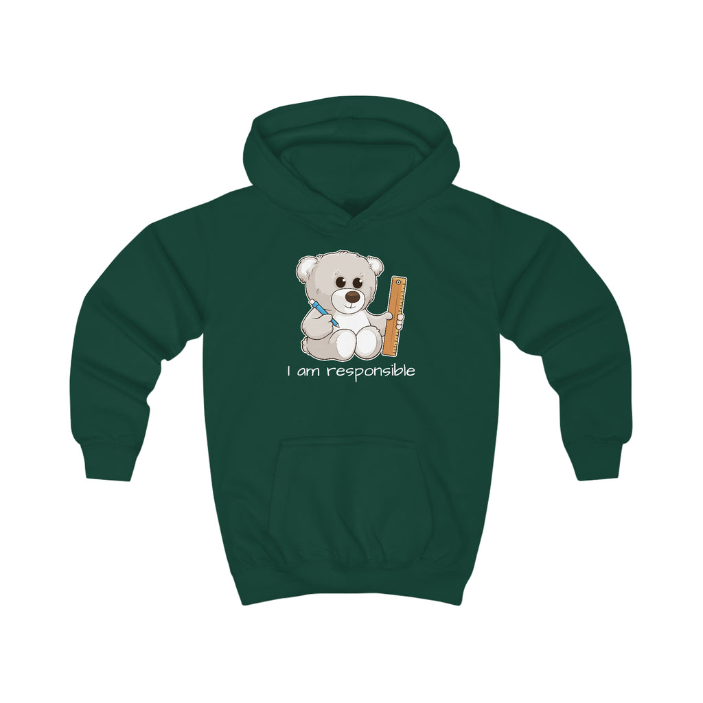 A dark green hoodie with a picture of a bear that says I am responsible.