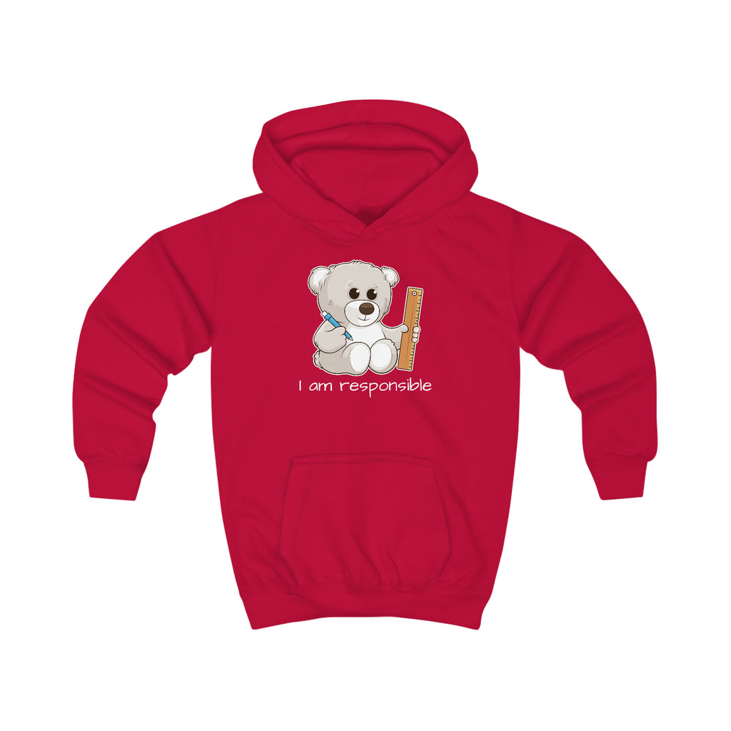 A red hoodie with a picture of a bear that says I am responsible.