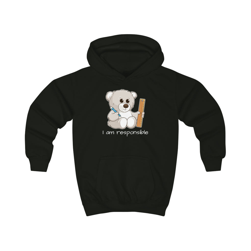 A black hoodie with a picture of a bear that says I am responsible.