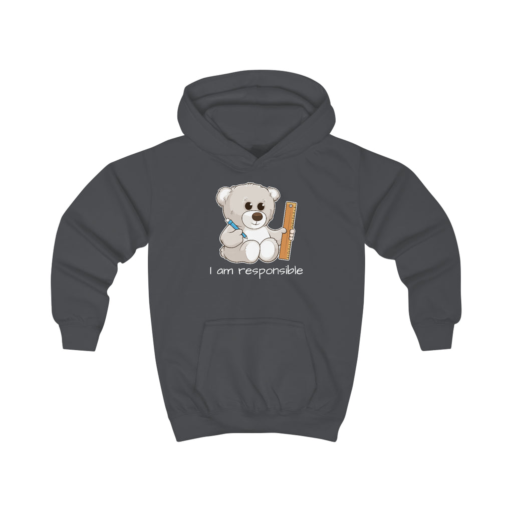 A charcoal grey hoodie with a picture of a bear that says I am responsible.