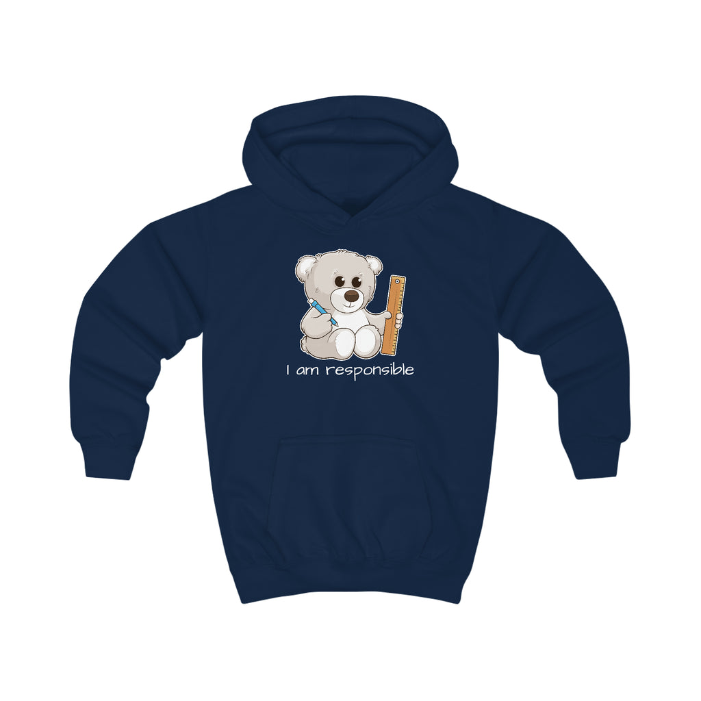 A navy blue hoodie with a picture of a bear that says I am responsible.