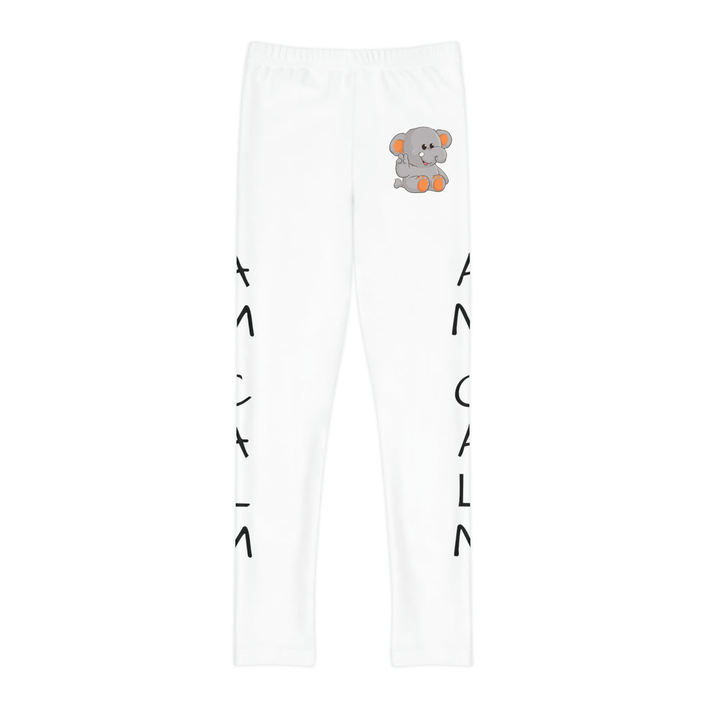 White leggings with a picture of an elephant on the front left waist and the phrase "I am calm" read top to bottom on the side of each leg.