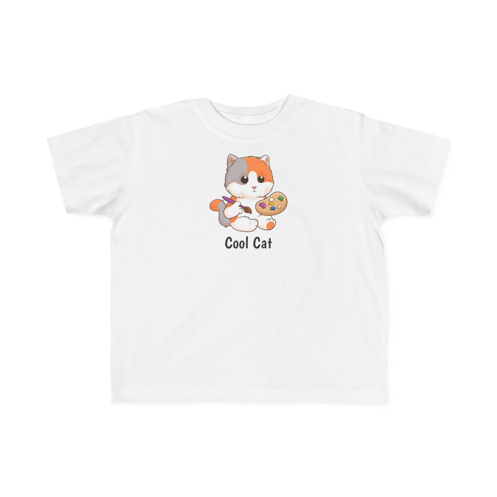 A short-sleeve white shirt with a picture of a cat that says Cool Cat.