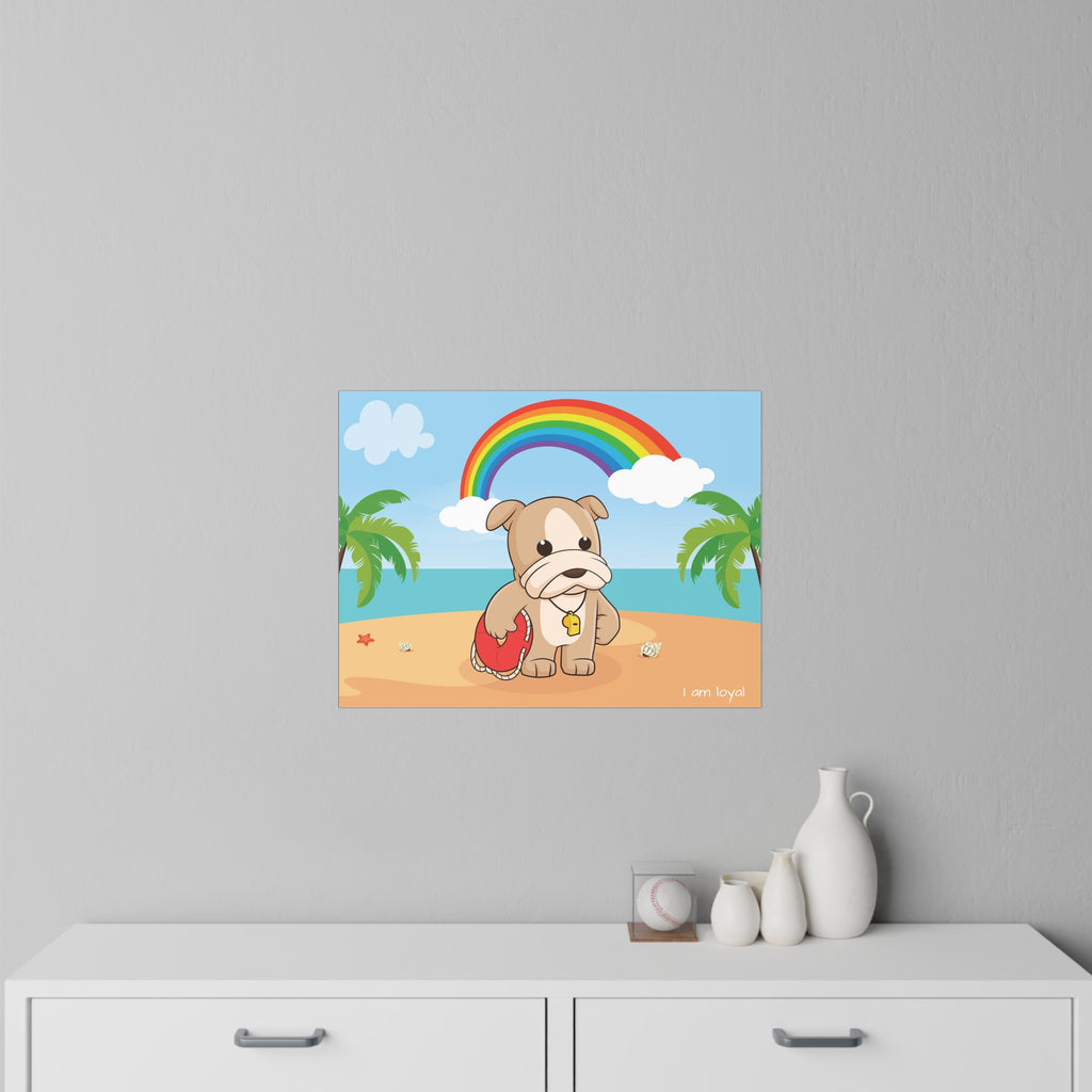 A 24 by 18 inch wall decal on a grey wall above a dresser. The wall decal has a scene of a dog lifeguard standing on a beach, a rainbow in the background, and the phrase "I am loyal" along the bottom.