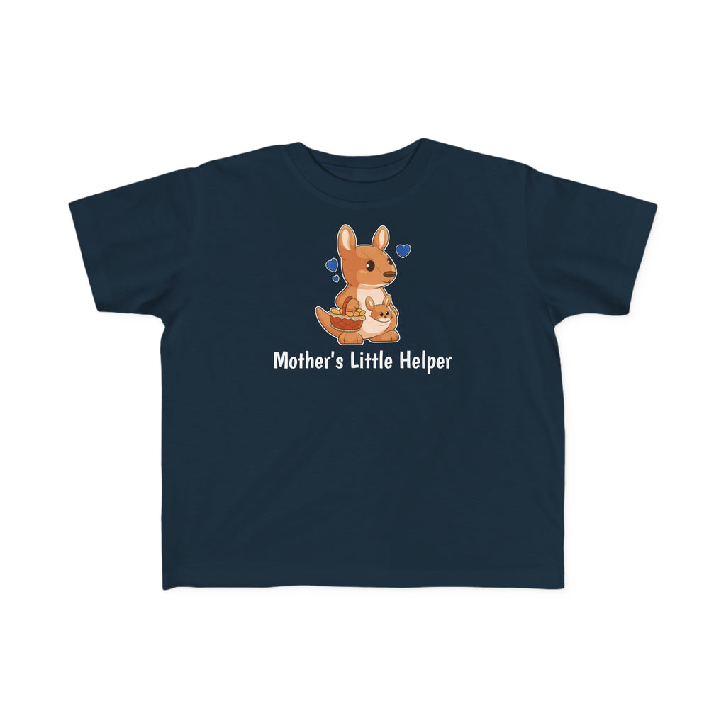 A short-sleeve navy blue shirt with a picture of a kangaroo that says Mother's Little Helper.