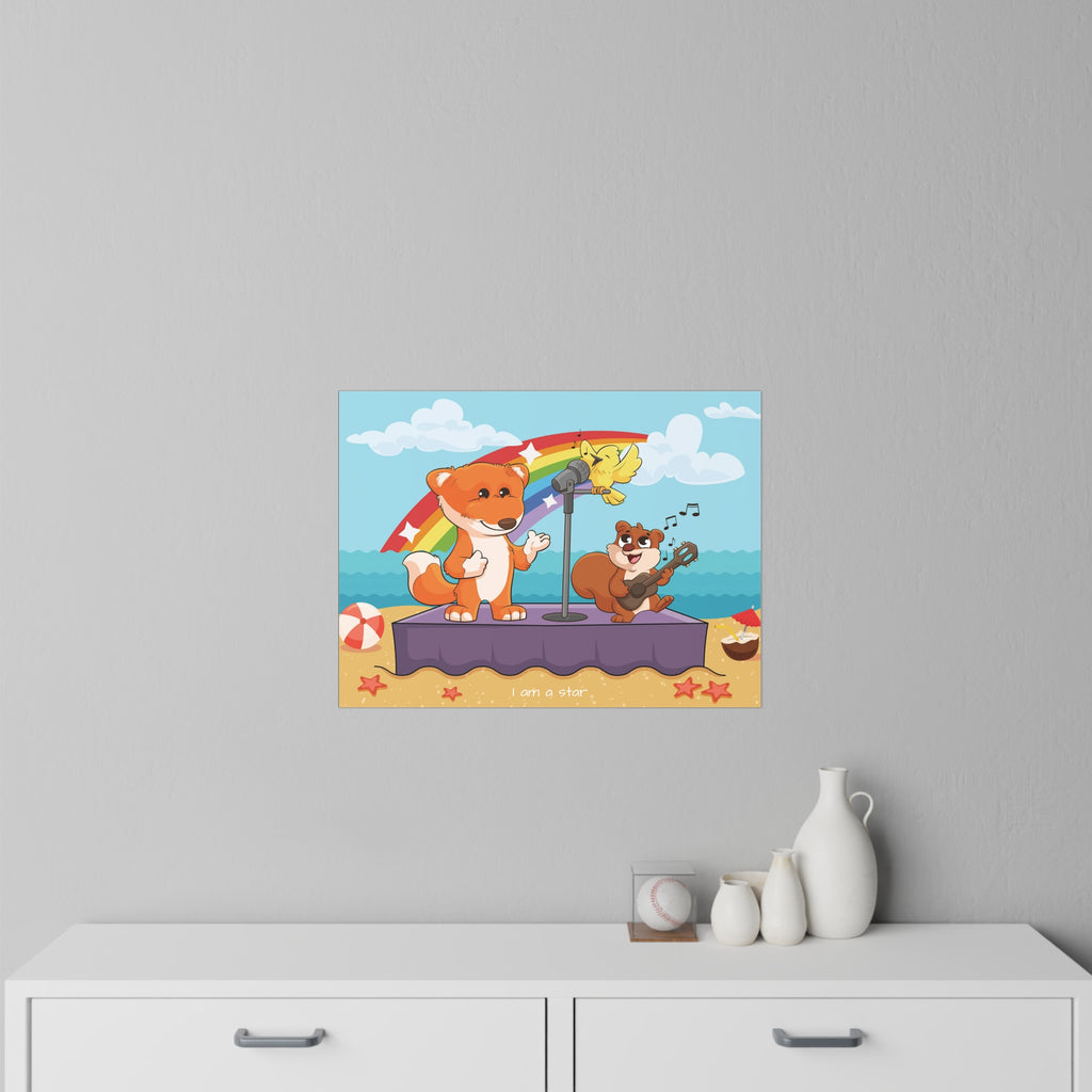 A 24 by 18 inch wall decal on a grey wall above a dresser. The wall decal has a scene of a fox singing with a squirrel and bird on a stage on the beach, a rainbow in the background, and the phrase "I am a star" along the bottom.