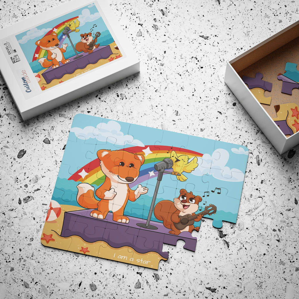 A 30 piece puzzle with a scene of a fox singing with a bird and squirrel on a stage on the beach, a rainbow in the background, and the phrase "I am a star" along the bottom. The puzzle is mostly assembled next to its container box.