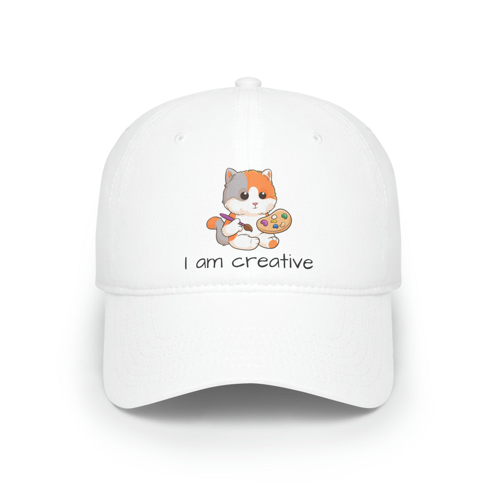 Front-view of a white baseball hat with a picture of a cat that says I am creative.