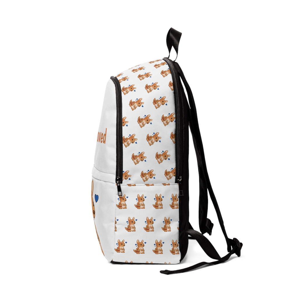 Side-view of a white backpack with a repeating pattern of a kangaroo on the sides. The bottom half of the front features a large kangaroo and the top half says "I am loved".