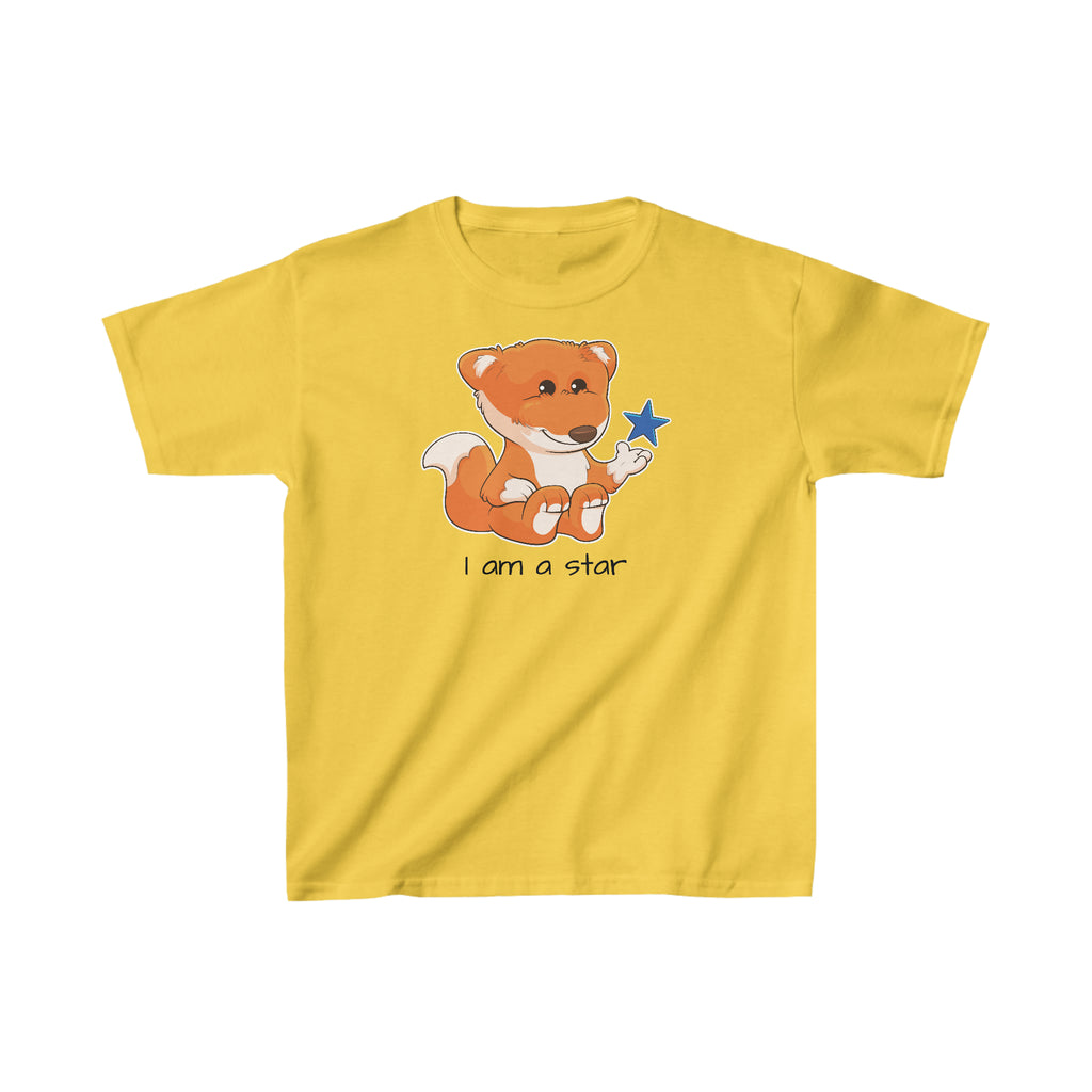 A short-sleeve yellow shirt with a picture of a fox that says I am a star.