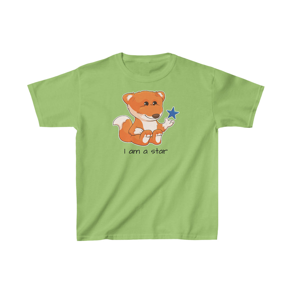 A short-sleeve lime green shirt with a picture of a fox that says I am a star.