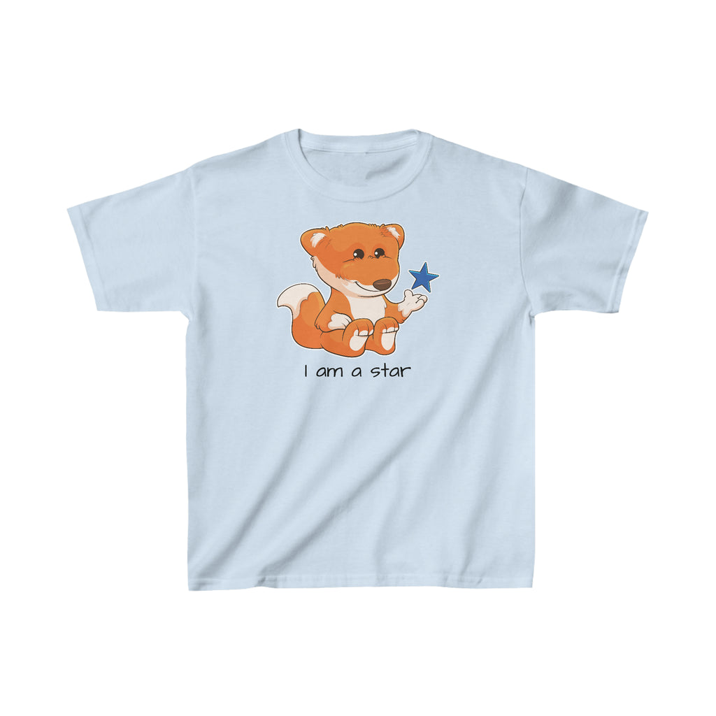 A short-sleeve light blue shirt with a picture of a fox that says I am a star.