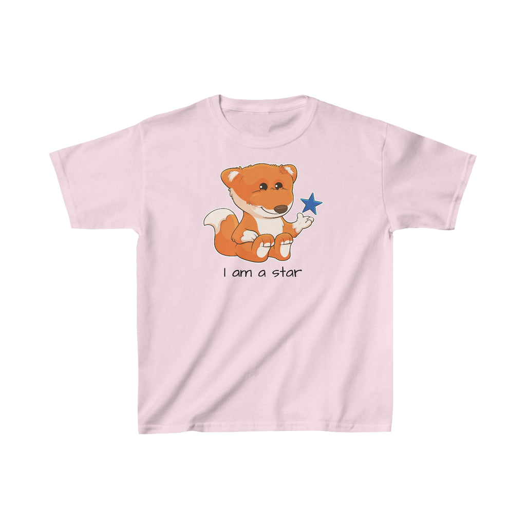 A short-sleeve light pink shirt with a picture of a fox that says I am a star.