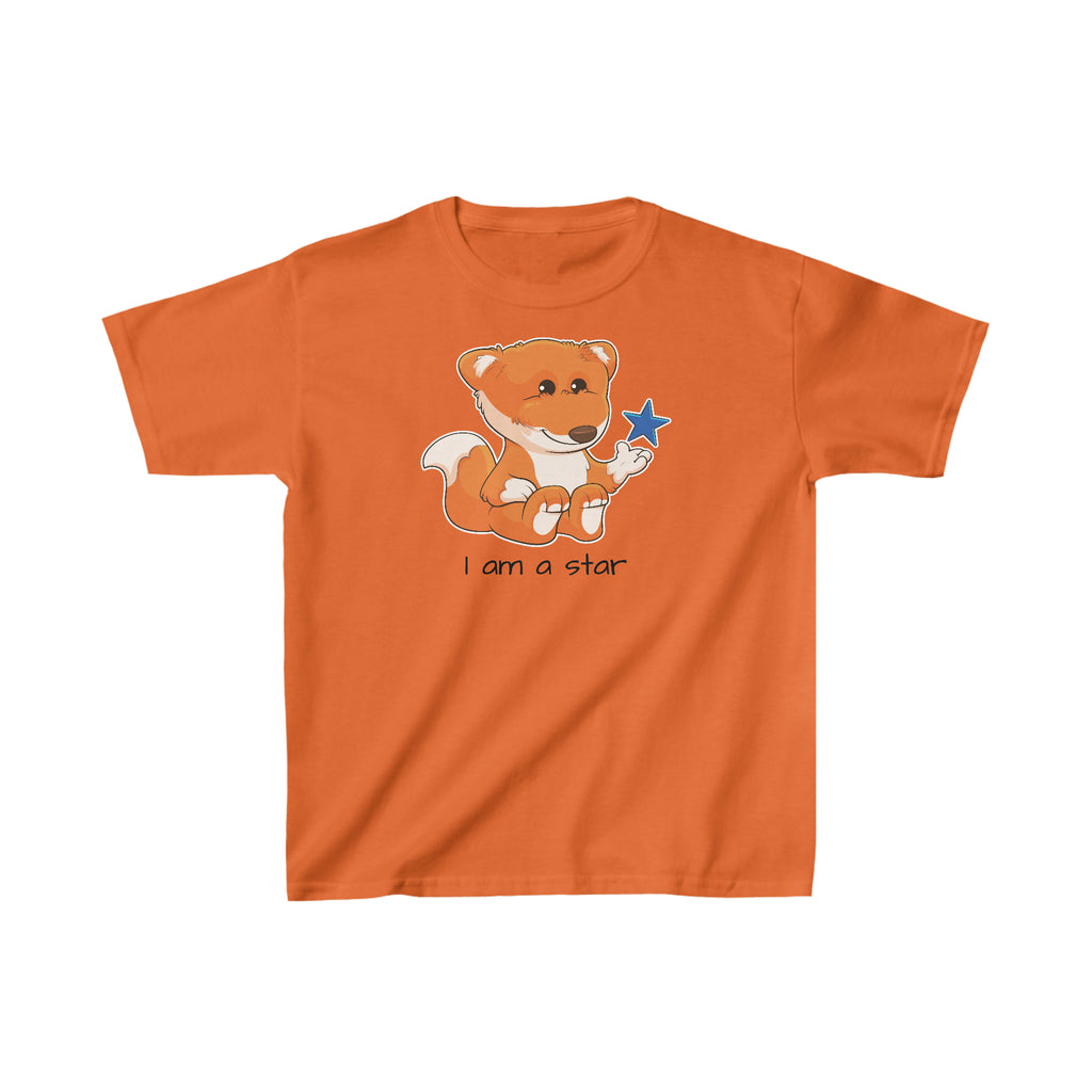 A short-sleeve orange shirt with a picture of a fox that says I am a star.