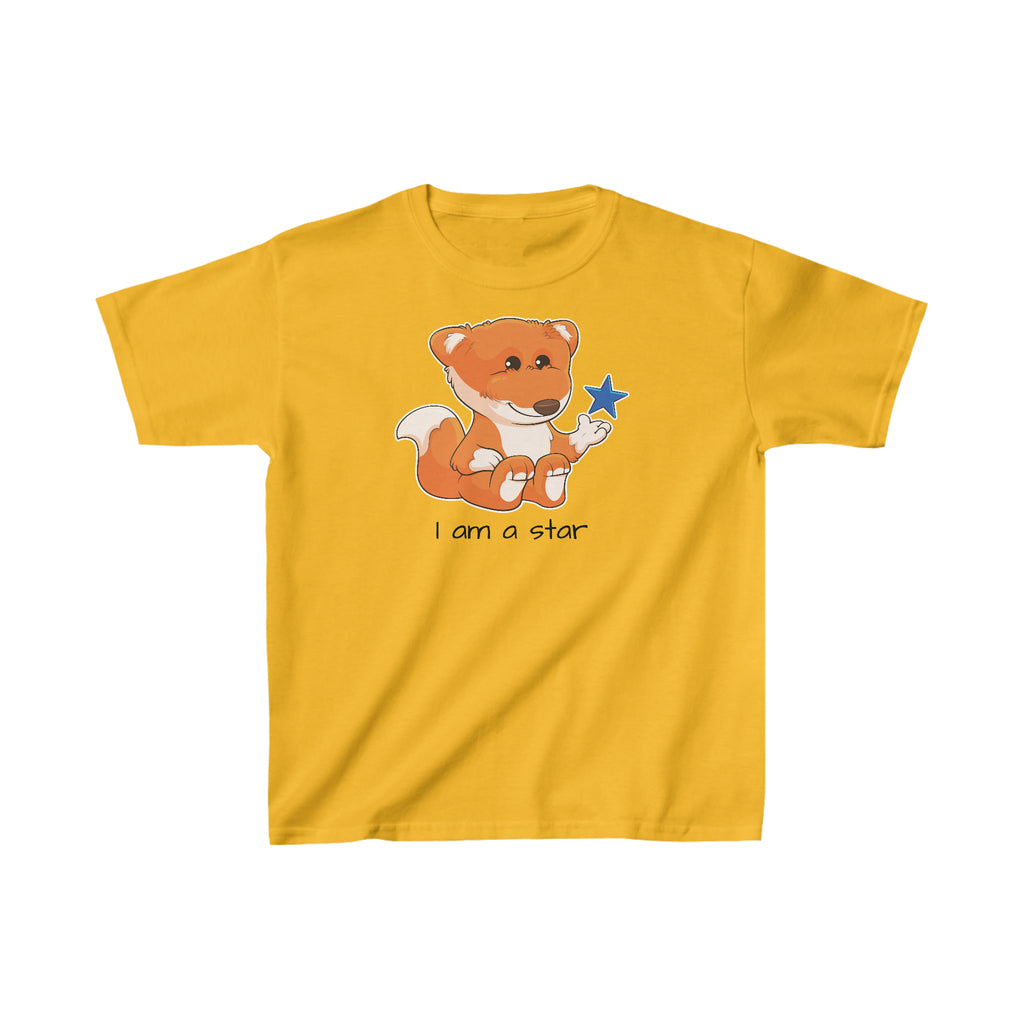 A short-sleeve golden yellow shirt with a picture of a fox that says I am a star.
