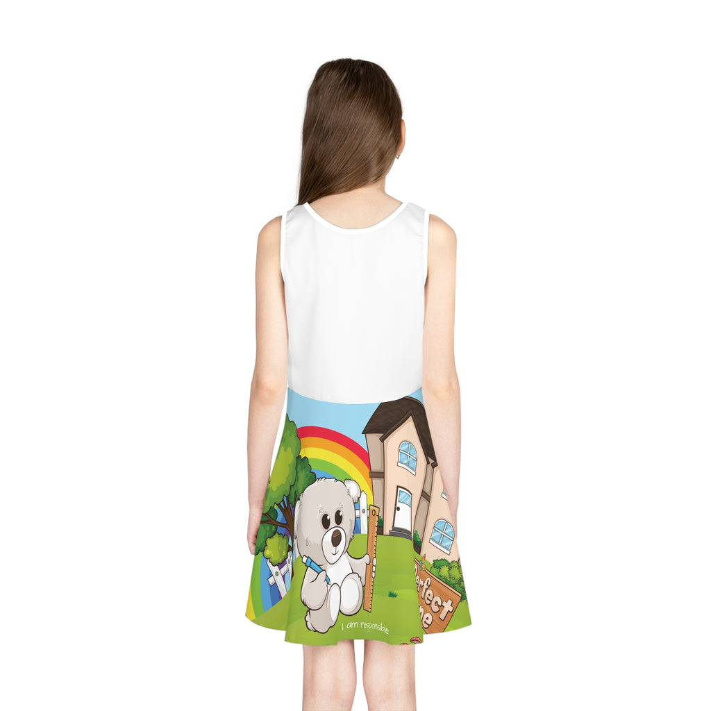 Back-view of a girl wearing a sleeveless dress. The dress has a white top and the skirt features a scene of a bear sitting in the yard of its house and the phrase "I am responsible" along the bottom.