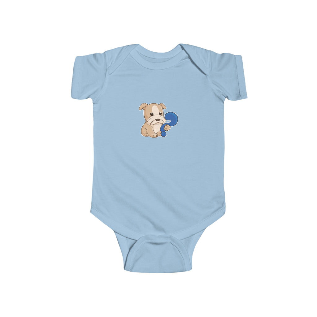 A light blue baby onesie with a picture of a dog.