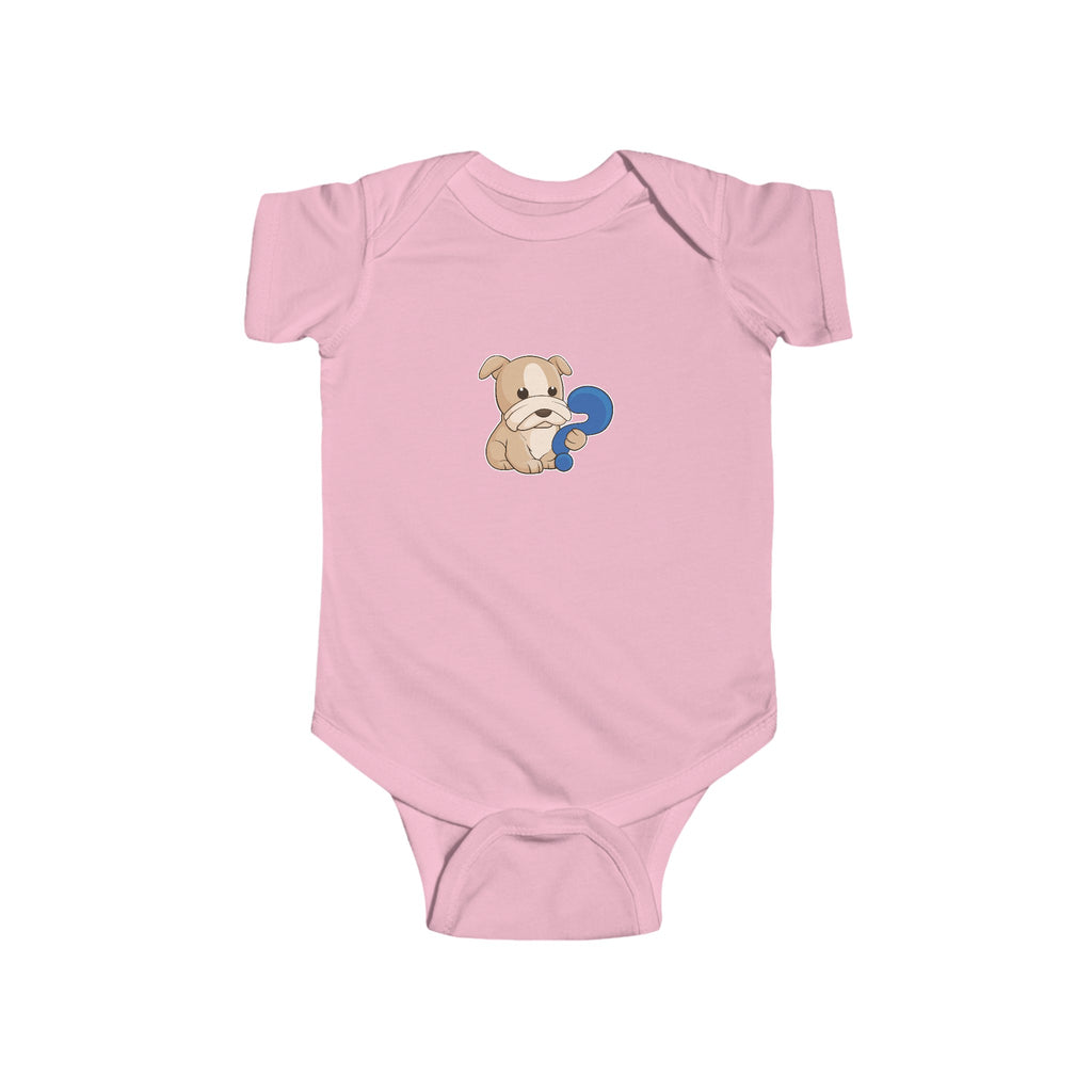 A light pink baby onesie with a picture of a dog.