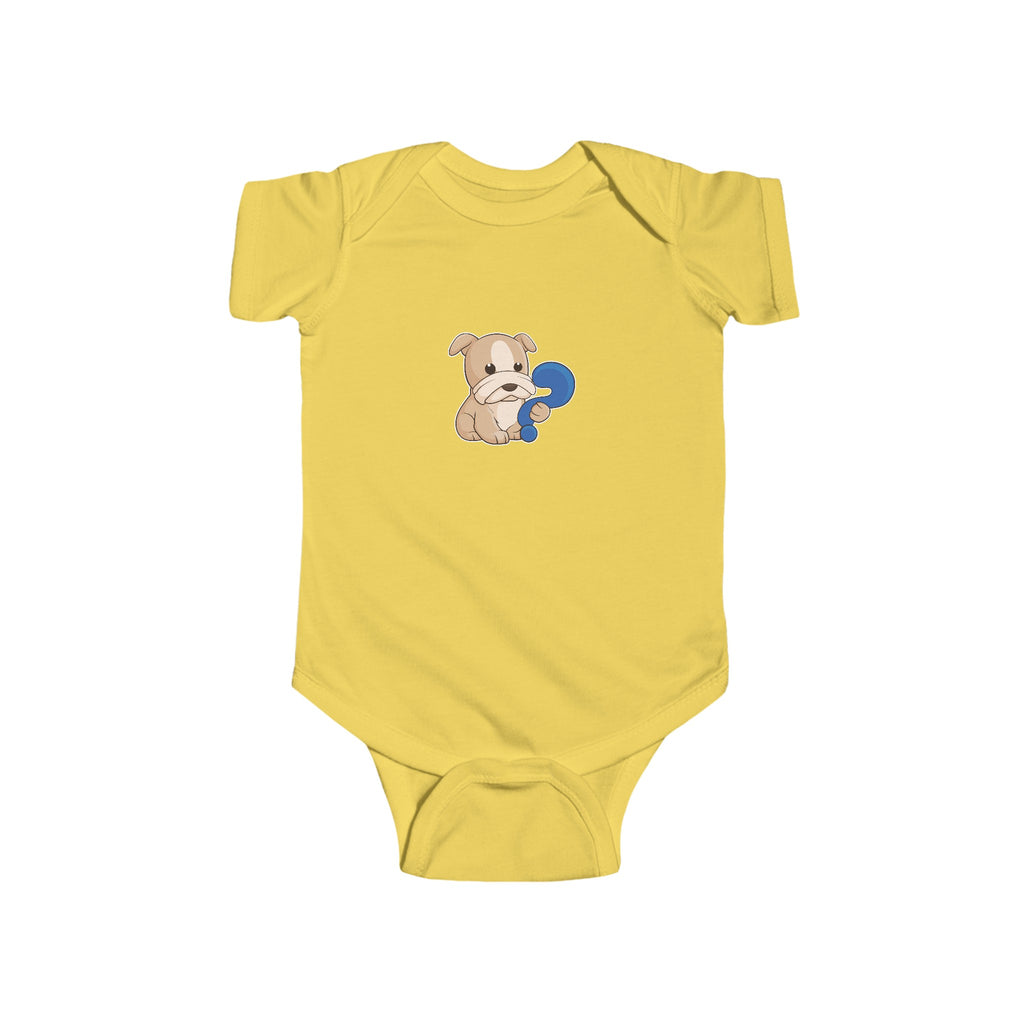 A yellow baby onesie with a picture of a dog.