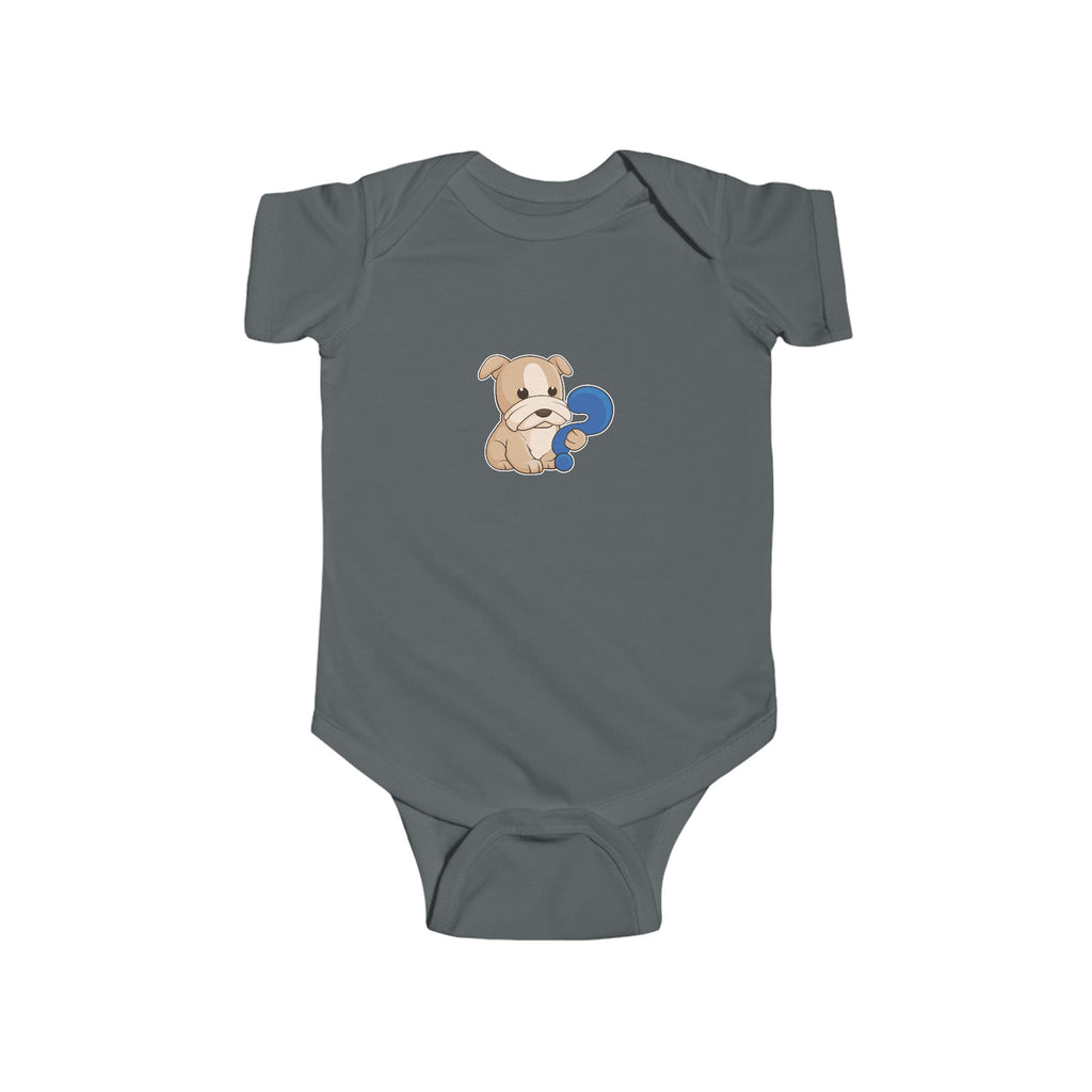 A charcoal grey baby onesie with a picture of a dog.