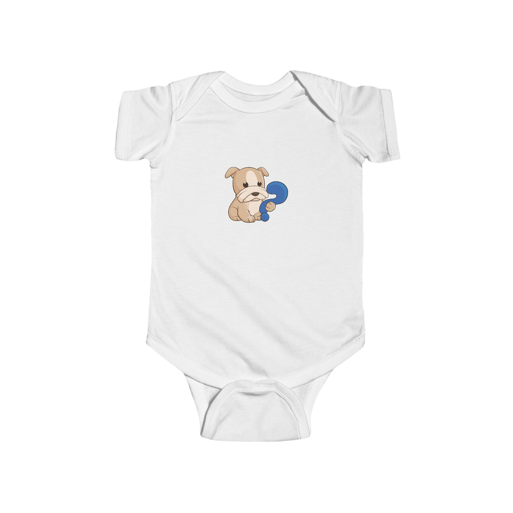 A white baby onesie with a picture of a dog.