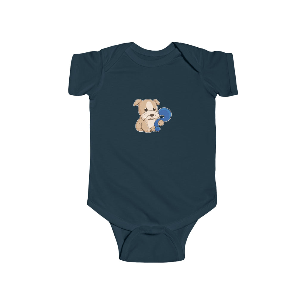 A navy blue baby onesie with a picture of a dog.