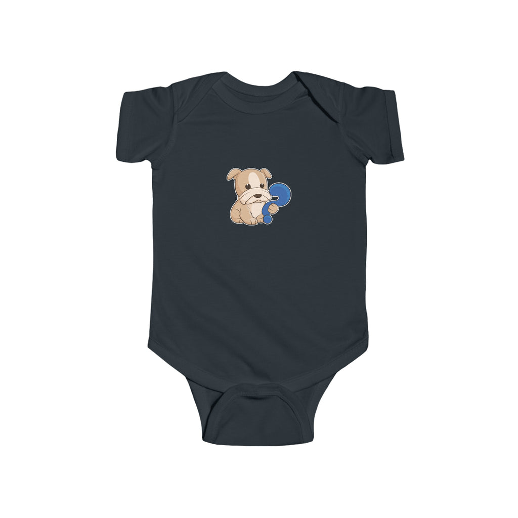 A black baby onesie with a picture of a dog.