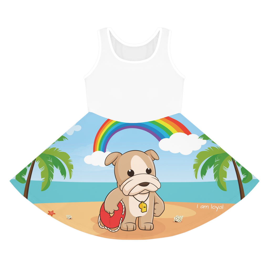 Front-view of a sleeveless dress. The dress has a white top and the skirt features a scene of a dog lifeguard standing on the beach and the phrase "I am loyal".