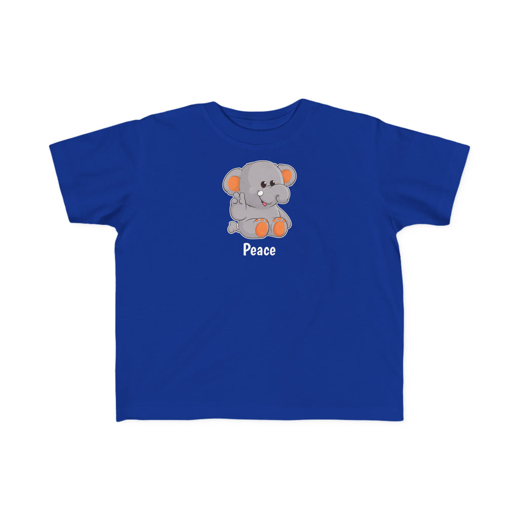 A short-sleeve royal blue shirt with a picture of an elephant that says Peace.
