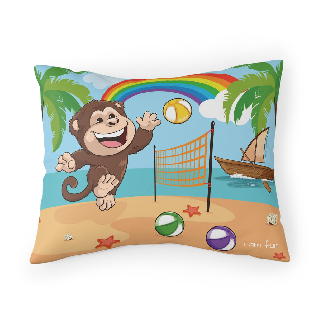 A pillowcase with a scene of a monkey playing volleyball on the beach, a rainbow in the background, and the phrase "I am fun" along the bottom.