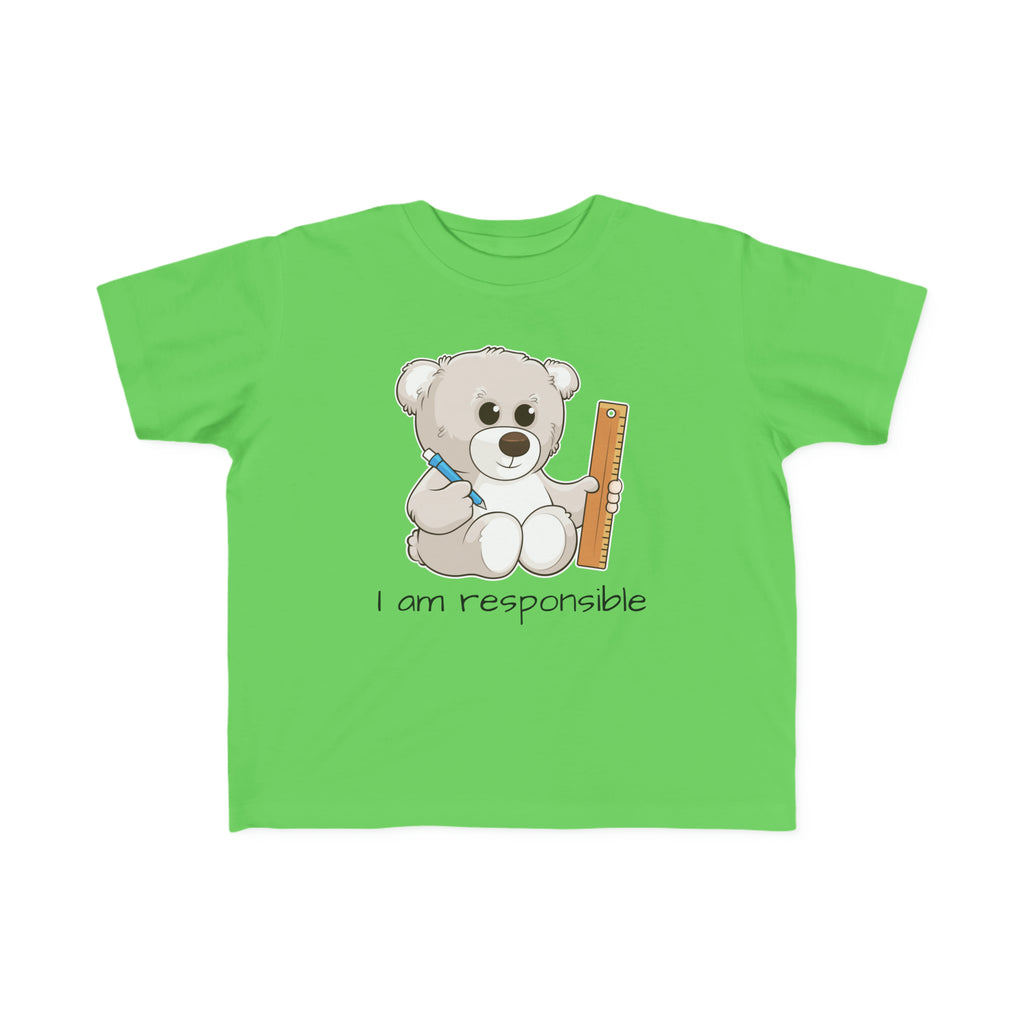A short-sleeve green shirt with a picture of a bear that says I am responsible.