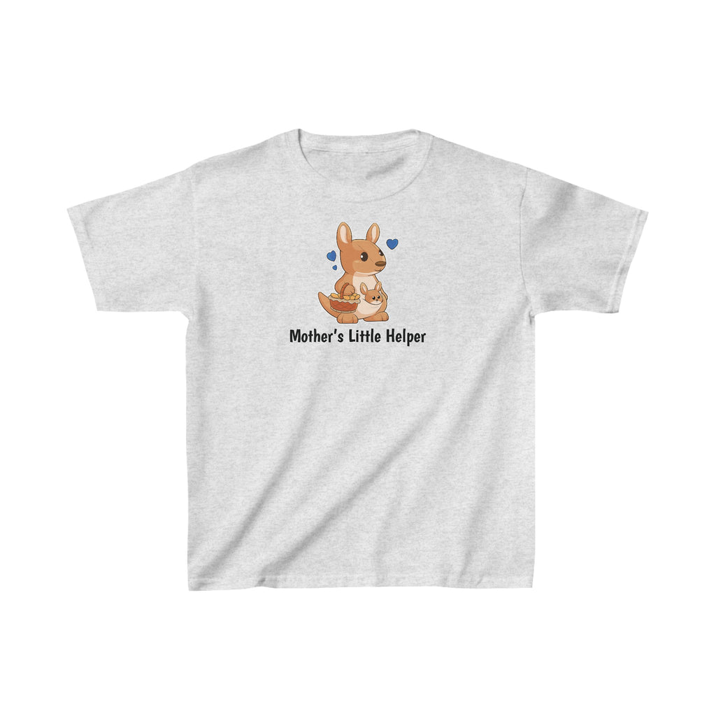 A short-sleeve light grey shirt with a picture of a kangaroo that says Mother's Little Helper.
