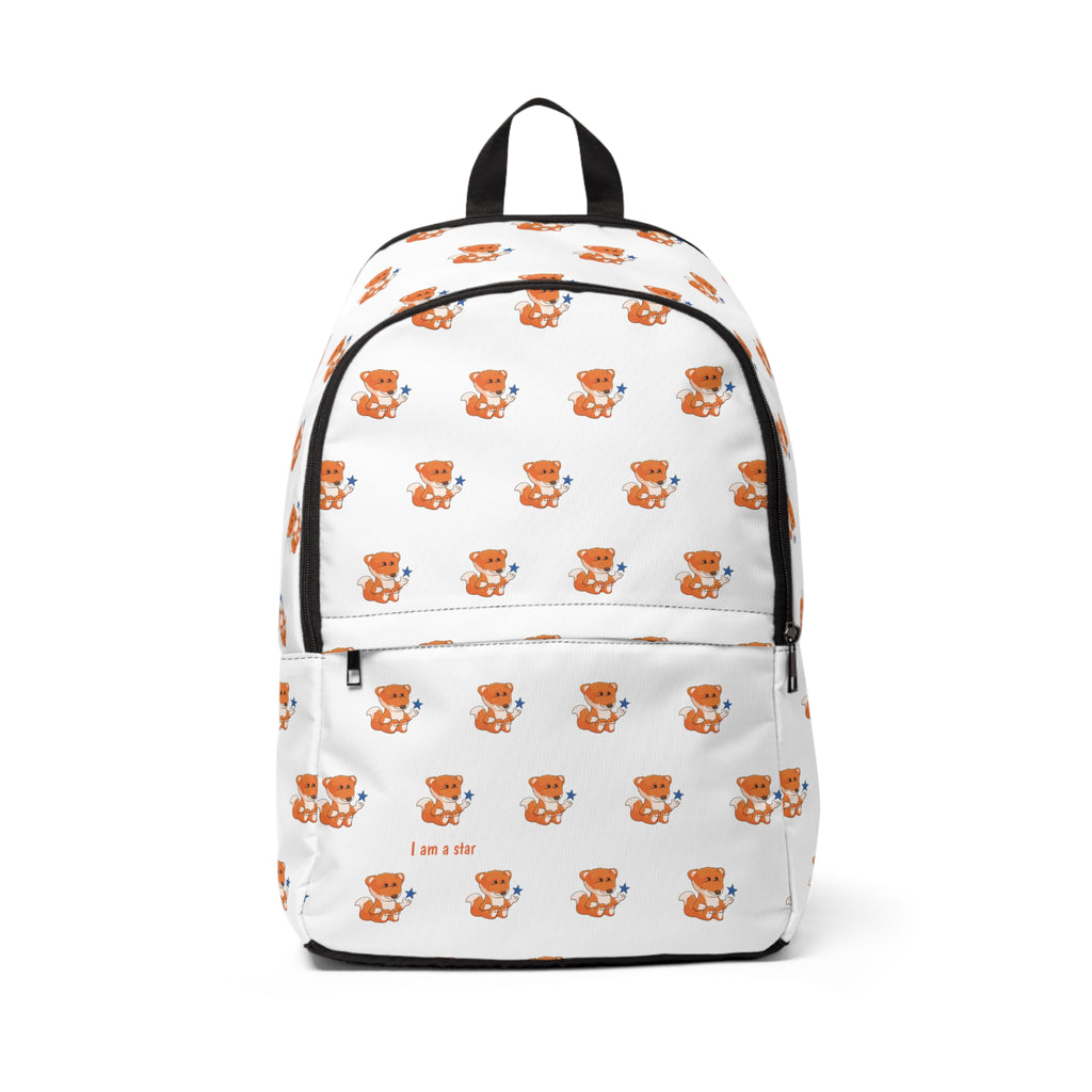 Front-view of a backpack with a repeating pattern of a fox and the phrase "I am a star" in the bottom left corner of the front.