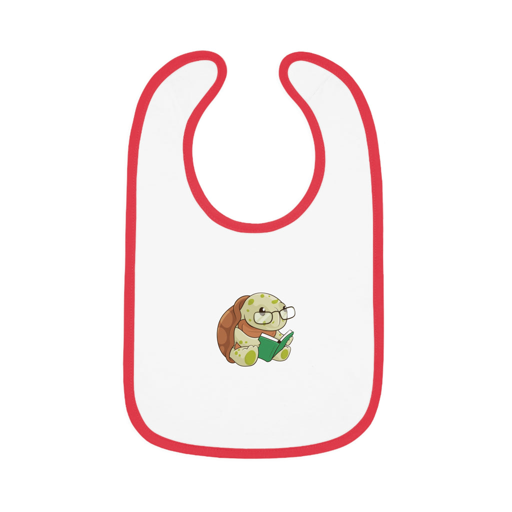 A white baby bib with red trim and a small picture of a turtle.