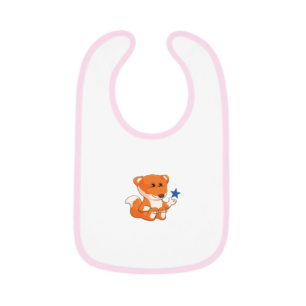 A white baby bib with light pink trim and a small picture of a fox.