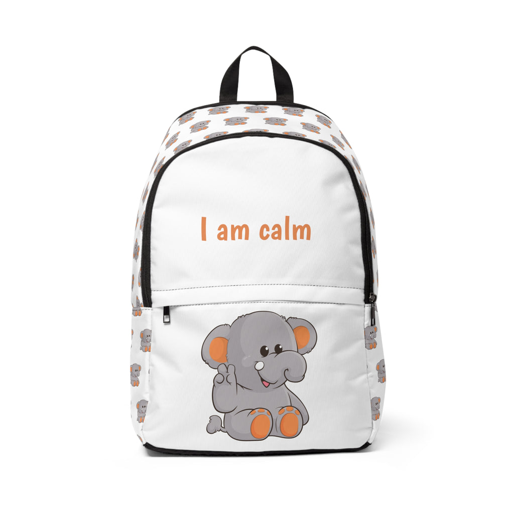 Front-view of a white backpack with a repeating pattern of an elephant on the sides. The bottom half of the front features a large elephant and the top half says "I am calm".