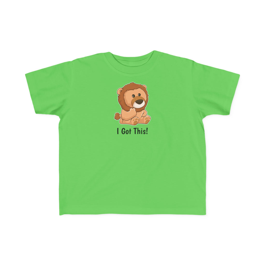 A short-sleeve green shirt with a picture of a lion that says I Got This.